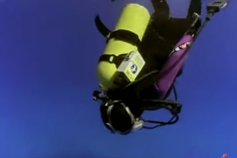 Scuba diver descends headfirst into deep blue water, equipped with a bright yellow oxygen tank, a purple gear bag, and a mounted underwater camera or device. The diver appears mid-motion in an expansive ocean setting.