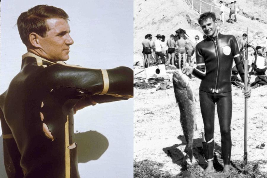 Side-by-side historical photos of Rodney Fox: on the left, a color image shows him in a torn black and yellow wetsuit revealing shark bite damage; on the right, a black-and-white image captures him standing on a beach in a wetsuit, holding a large speared fish with a crowd in the background.