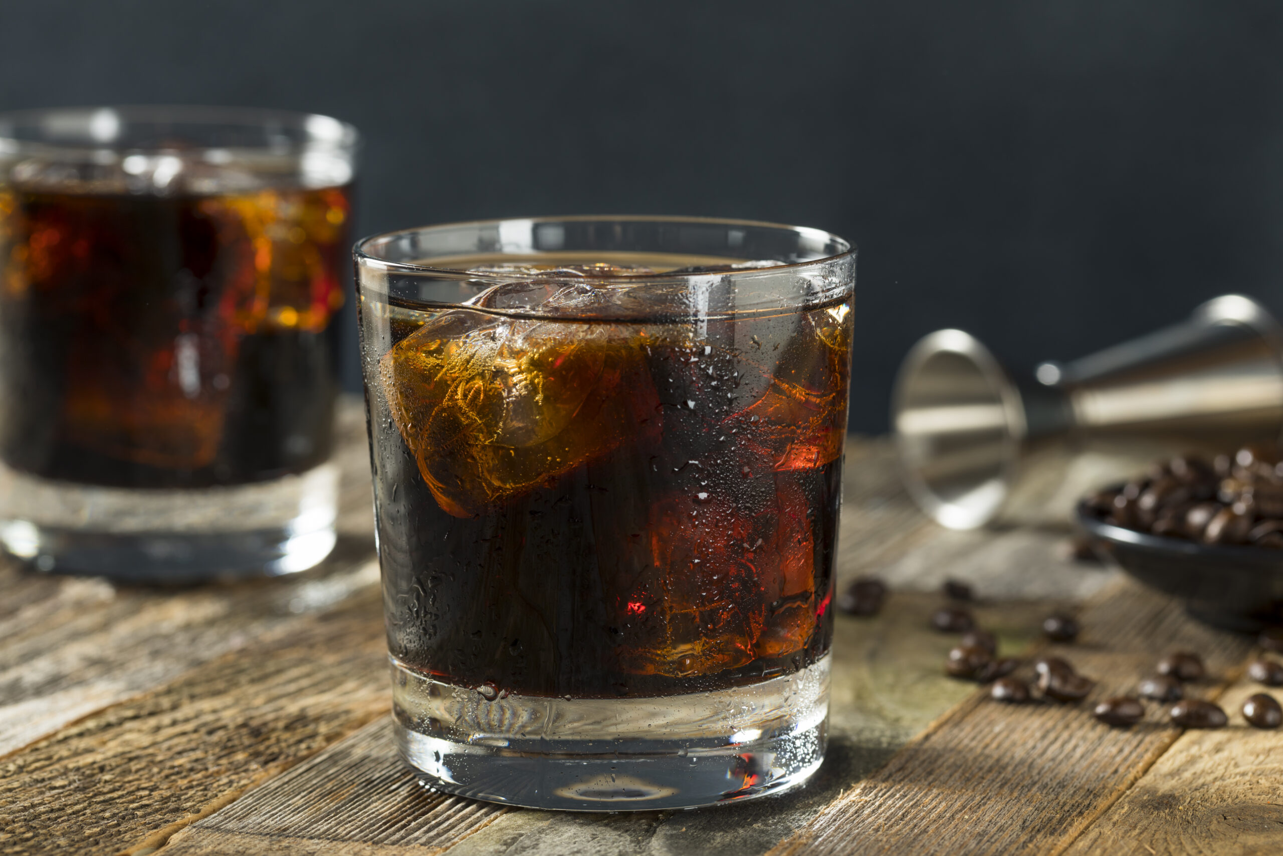 Alcoholic Boozy Black Russian Cocktail with Vodka and Coffee Liquor