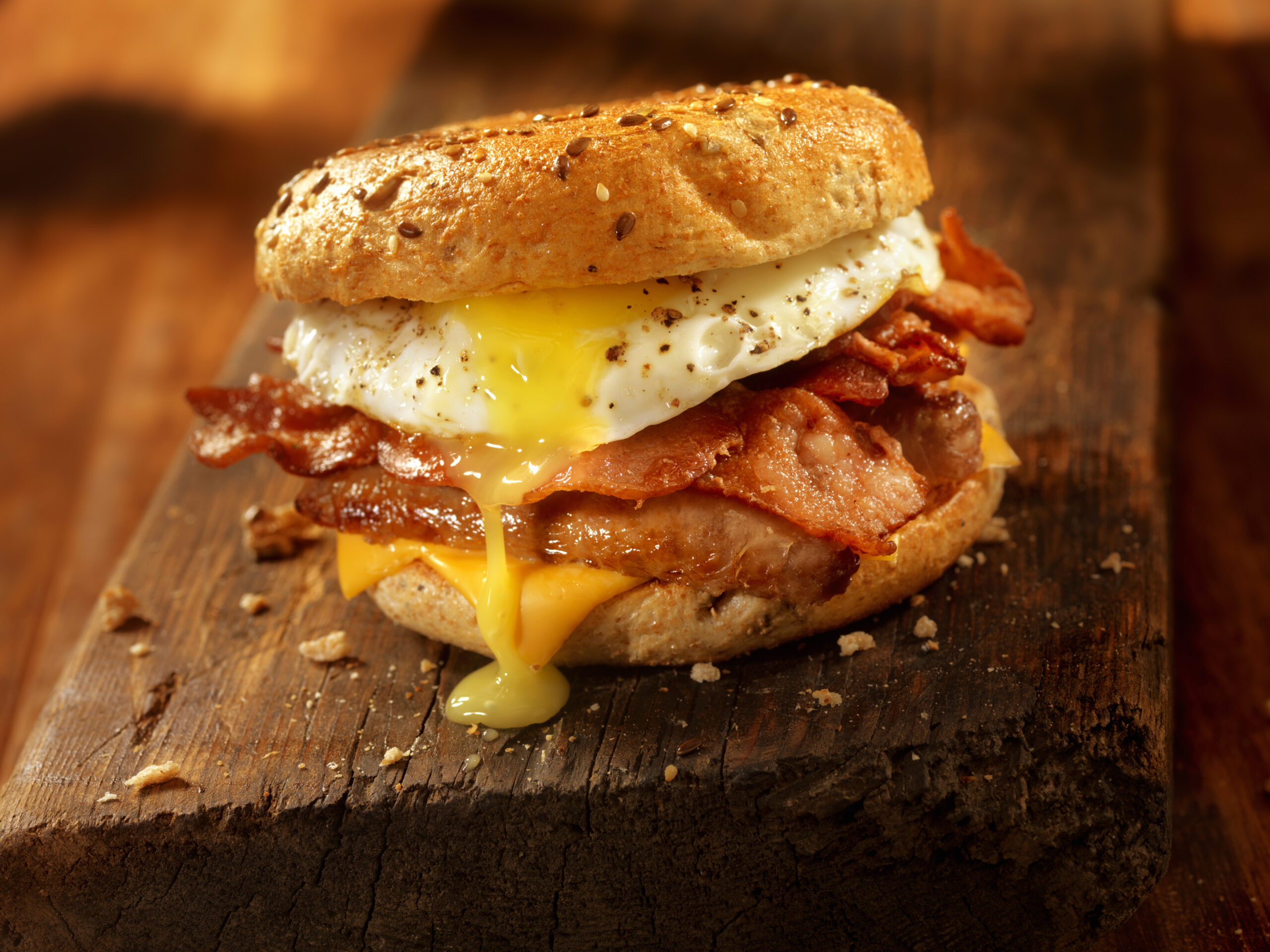 Bacon, Egg and Cheese Breakfast Sandwich on a Toasted Bagel - Photographed on Hasselblad H3D2-39mb Camera