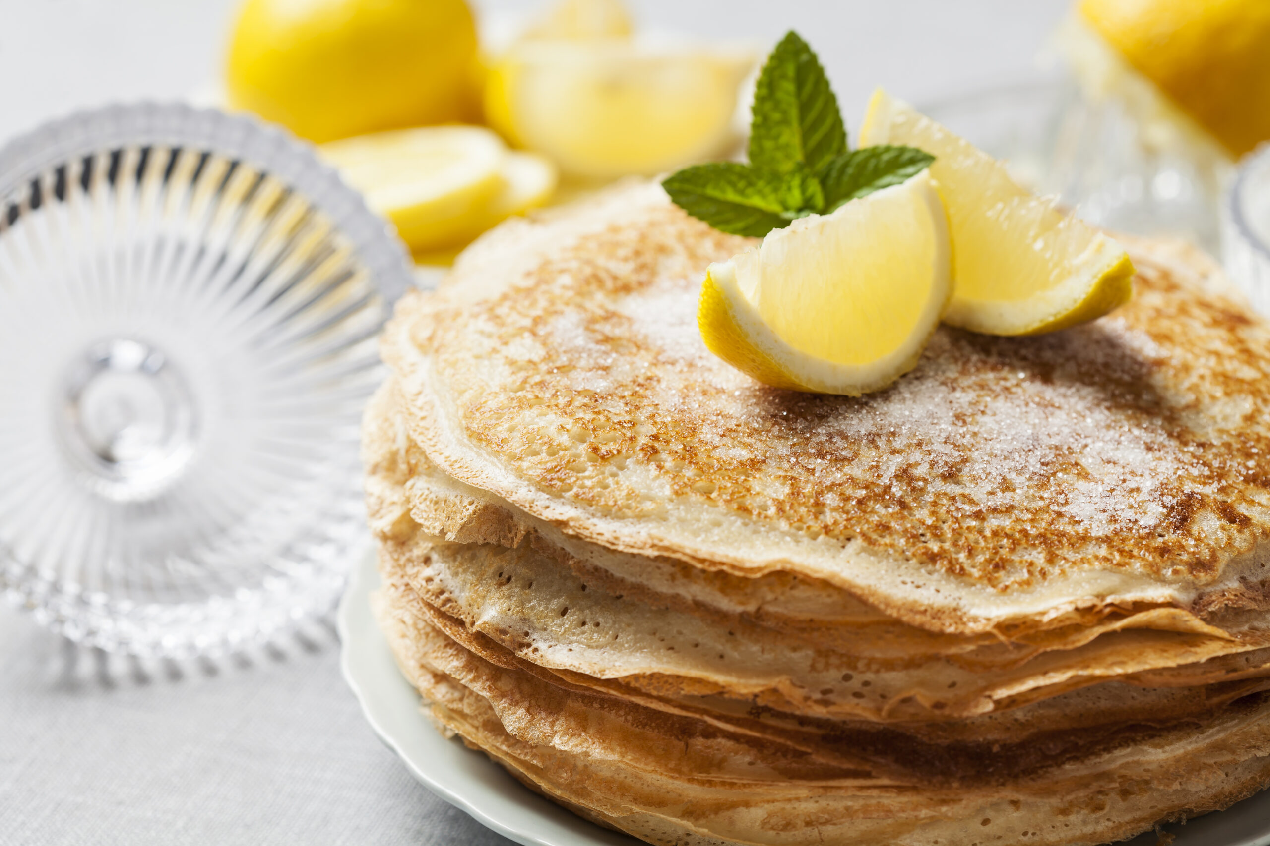 English-style pancakes with lemon and sugar, traditional for Shrove Tuesday