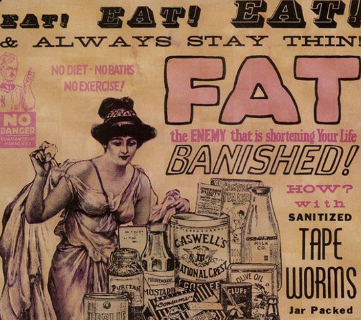 Tapeworm diet product advertisement from Victorian period, from Pinterest