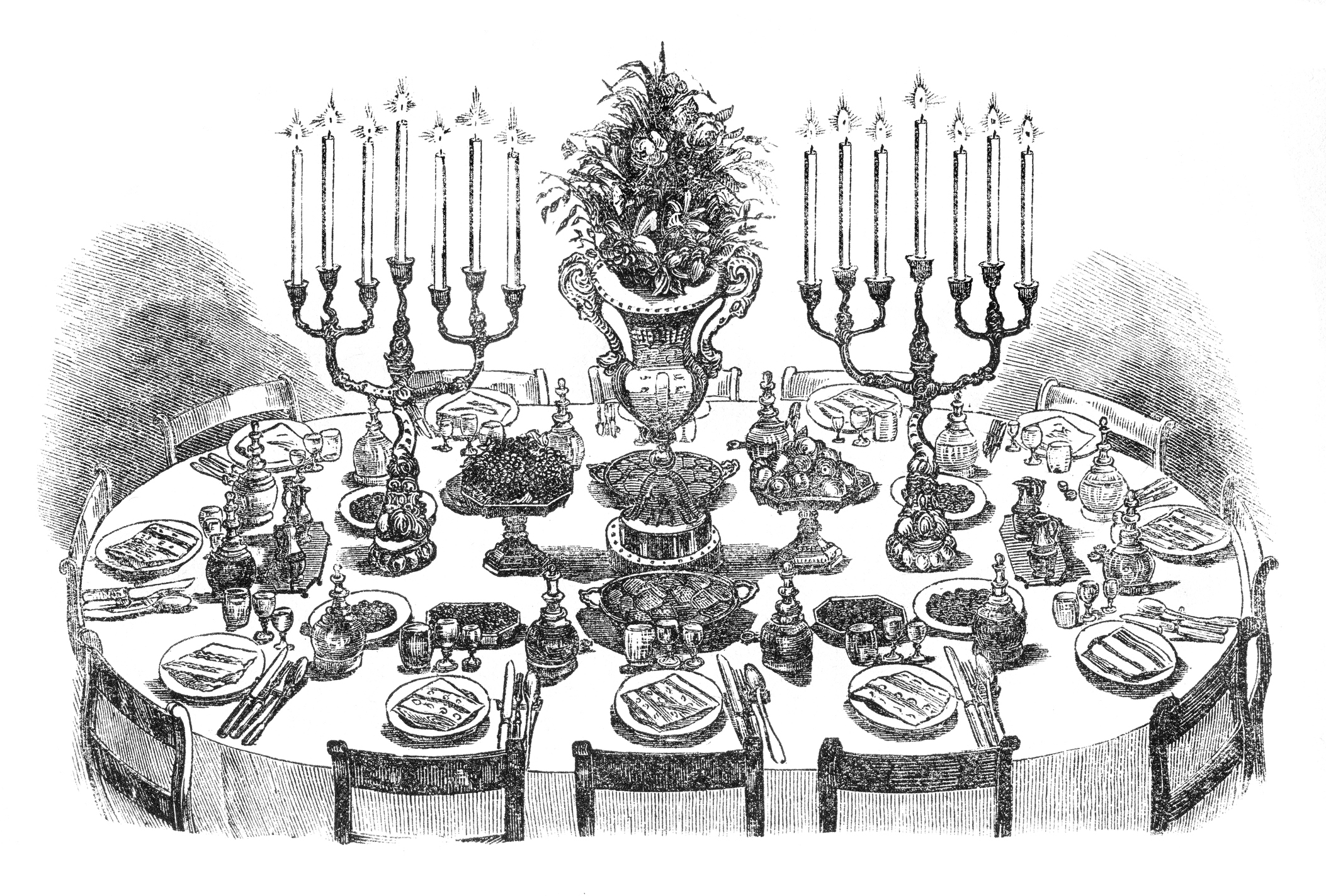 Steel engraving of bountiful dining table for 12 persons
