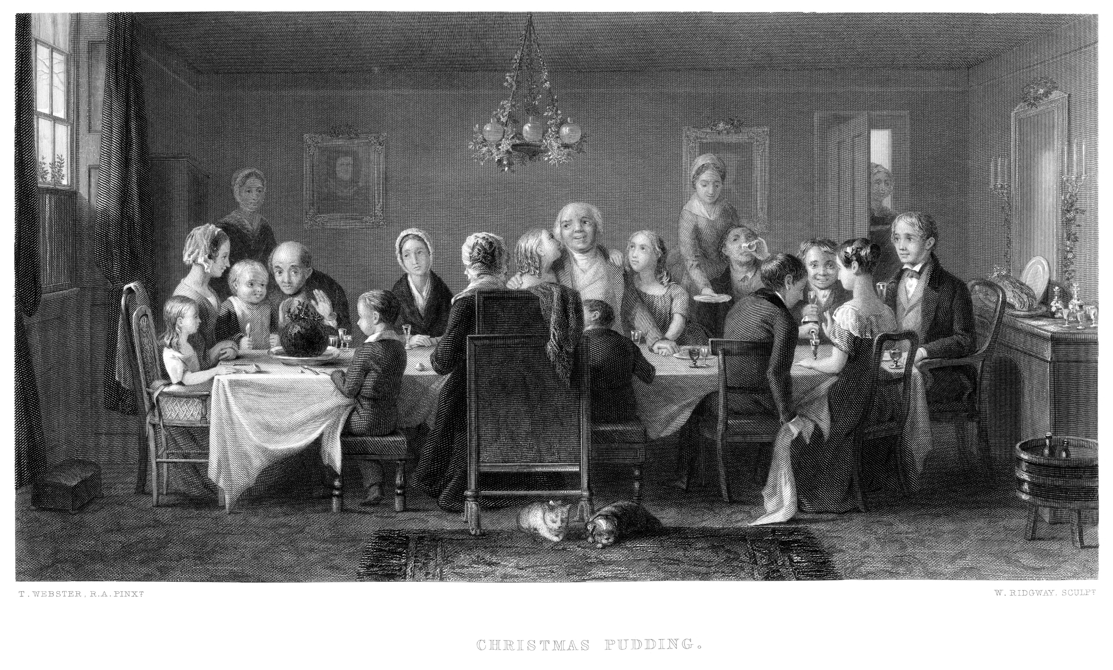 Vintage engraving from 1868 after the painting by Thomas Webster a Victorian family sit down for their Christmas Dinner