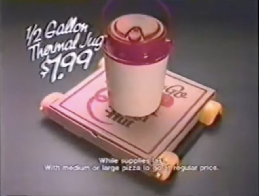 1/2 gallon jug on Pizza Hut box from 80s commercial posted by YouTube channel haikarate4