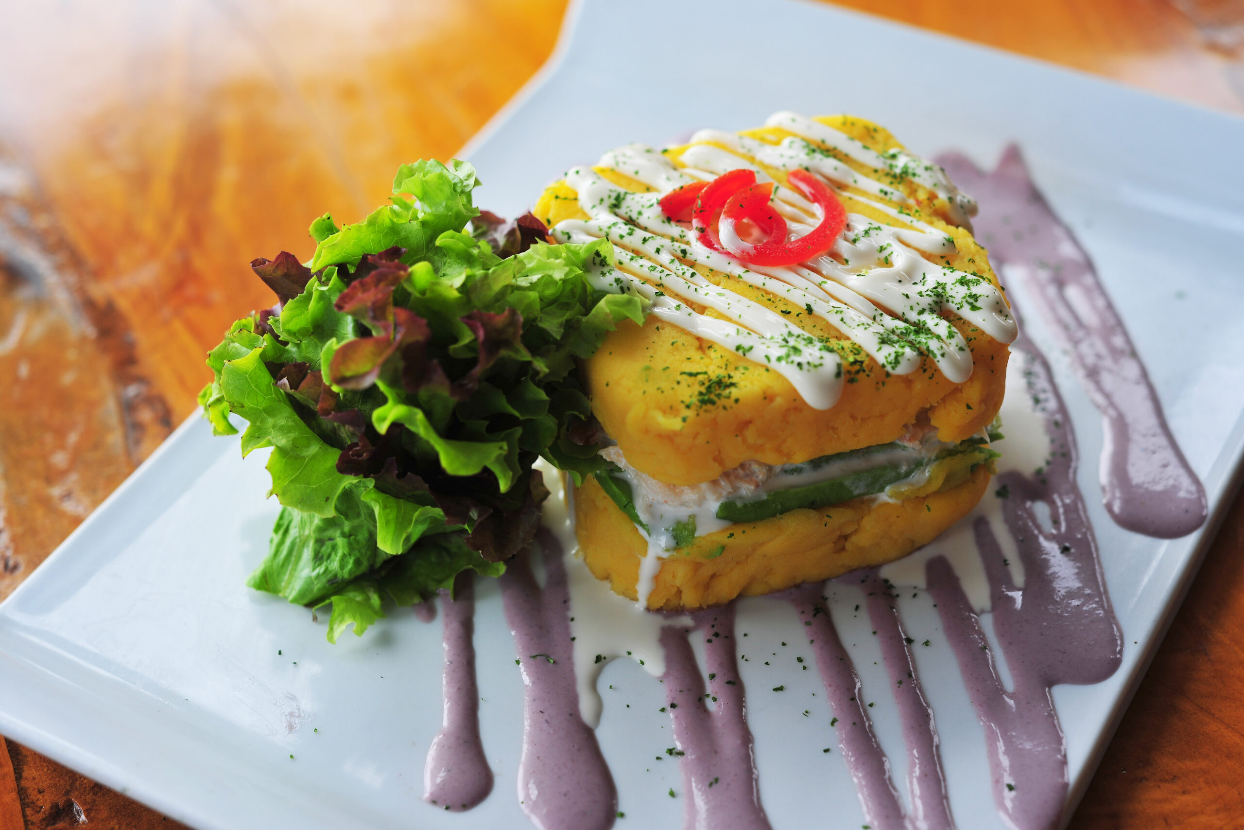 Causa rellena, , typical, dish, Peru,wellow potatoes,food,sea food, meal, cuisine, healthy, dish, lunch, dinner, plate, nutrition, delicious, restaurant, gourmet, cooking, closeup, tasty, fresh, vegetable, cheese, sauce, tomato, snack, blue, salad, appetizer, cooked,potatoes,