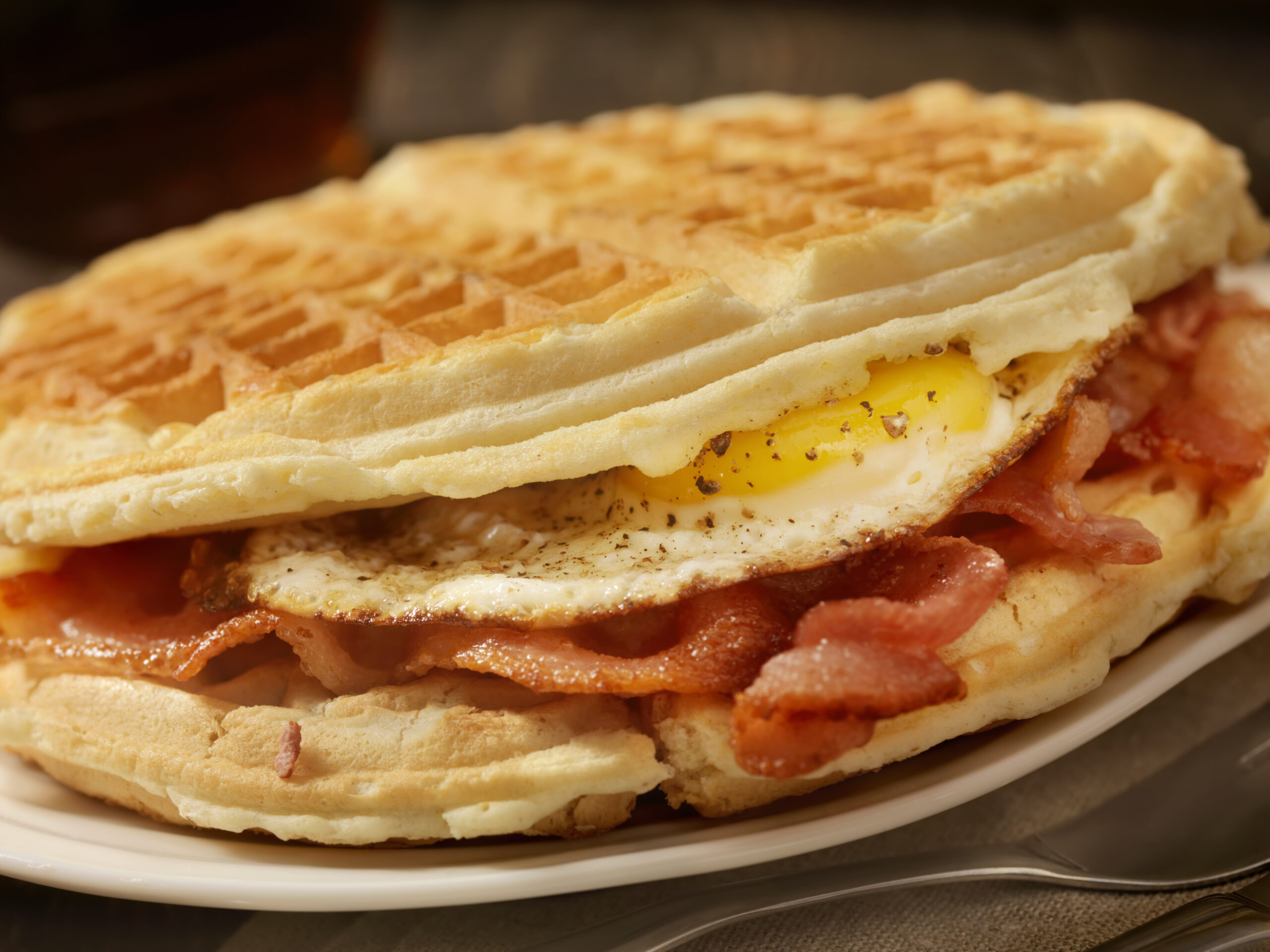 Fried Egg and Bacon Waffle Sandwich-Photographed on Hasselblad H3D2-39mb Camera