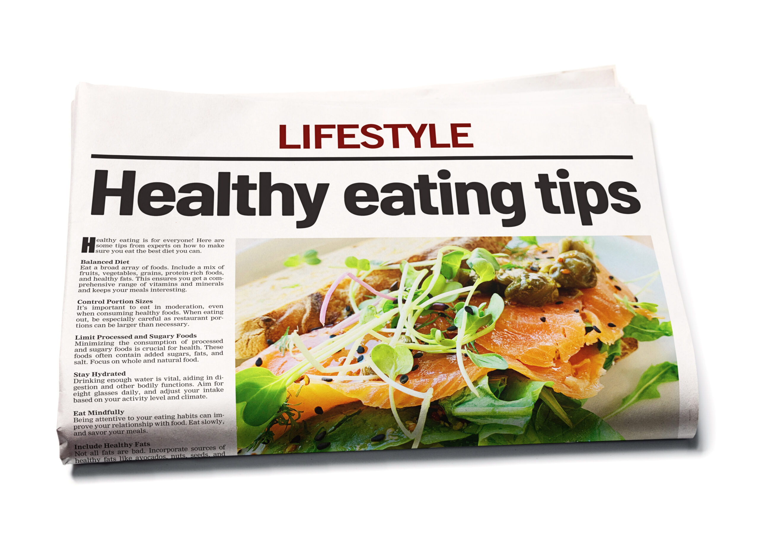 Front page of simulated newspaper lifestyle section is headlined "Healthy eating tips". The layout and photograph are by the photographer, and the text was extensively rewritten by the photographer with reference to a variety of public health sources. The text passes the plagiarism check at https://plagiarismdetector.net/