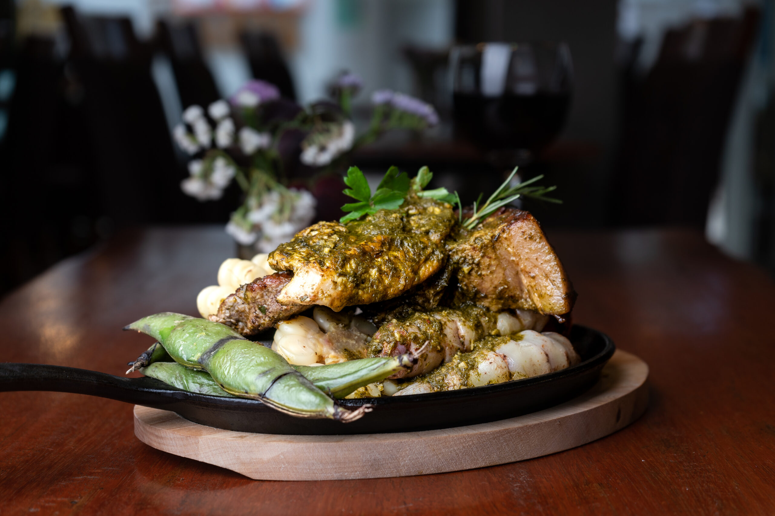 Pachamanca, typical Peruvian dish on the table of a luxury Peruvian restaurant.