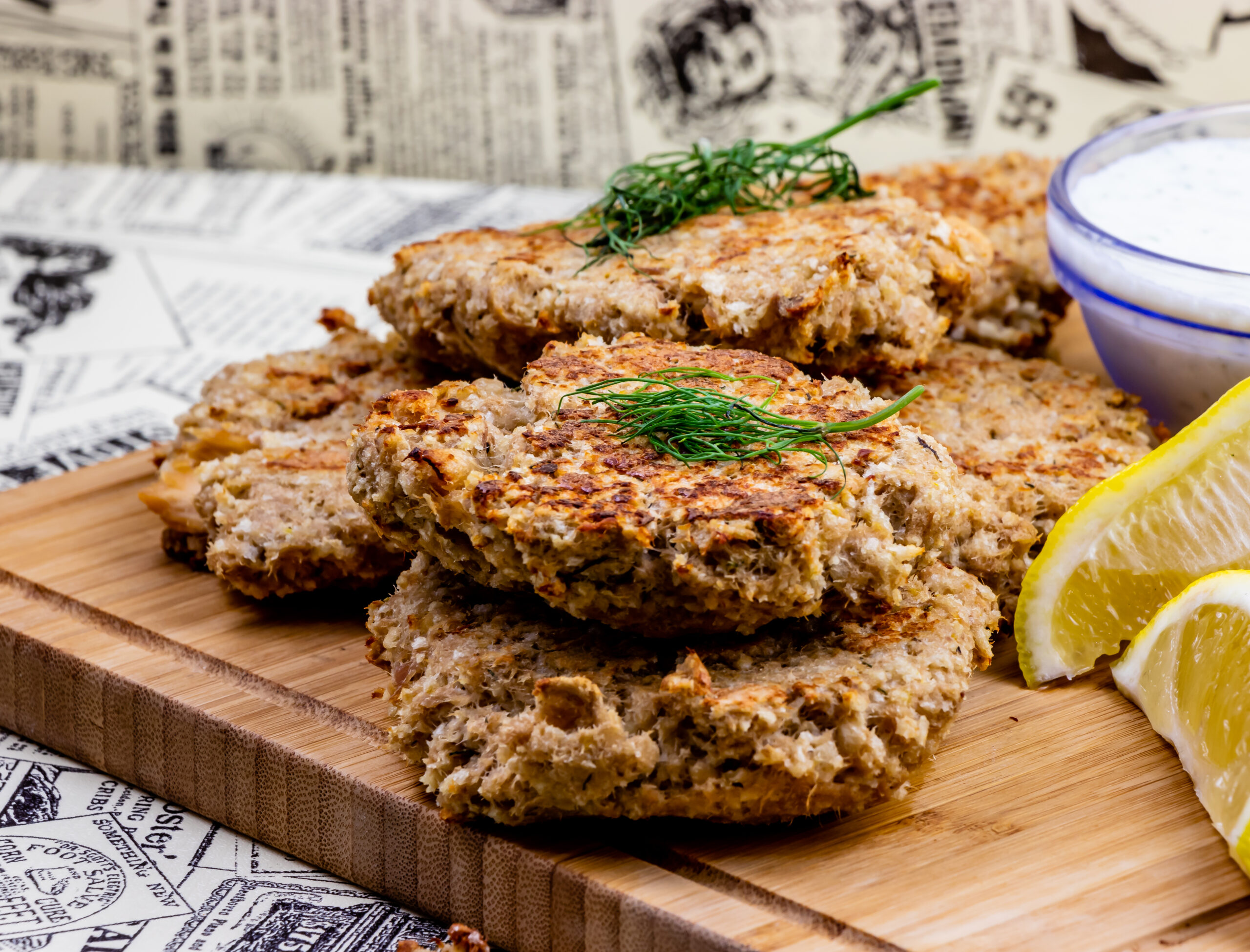 Fish cakes with lemon garlic tomatillo aoli. Calgary, Alberta, Canada