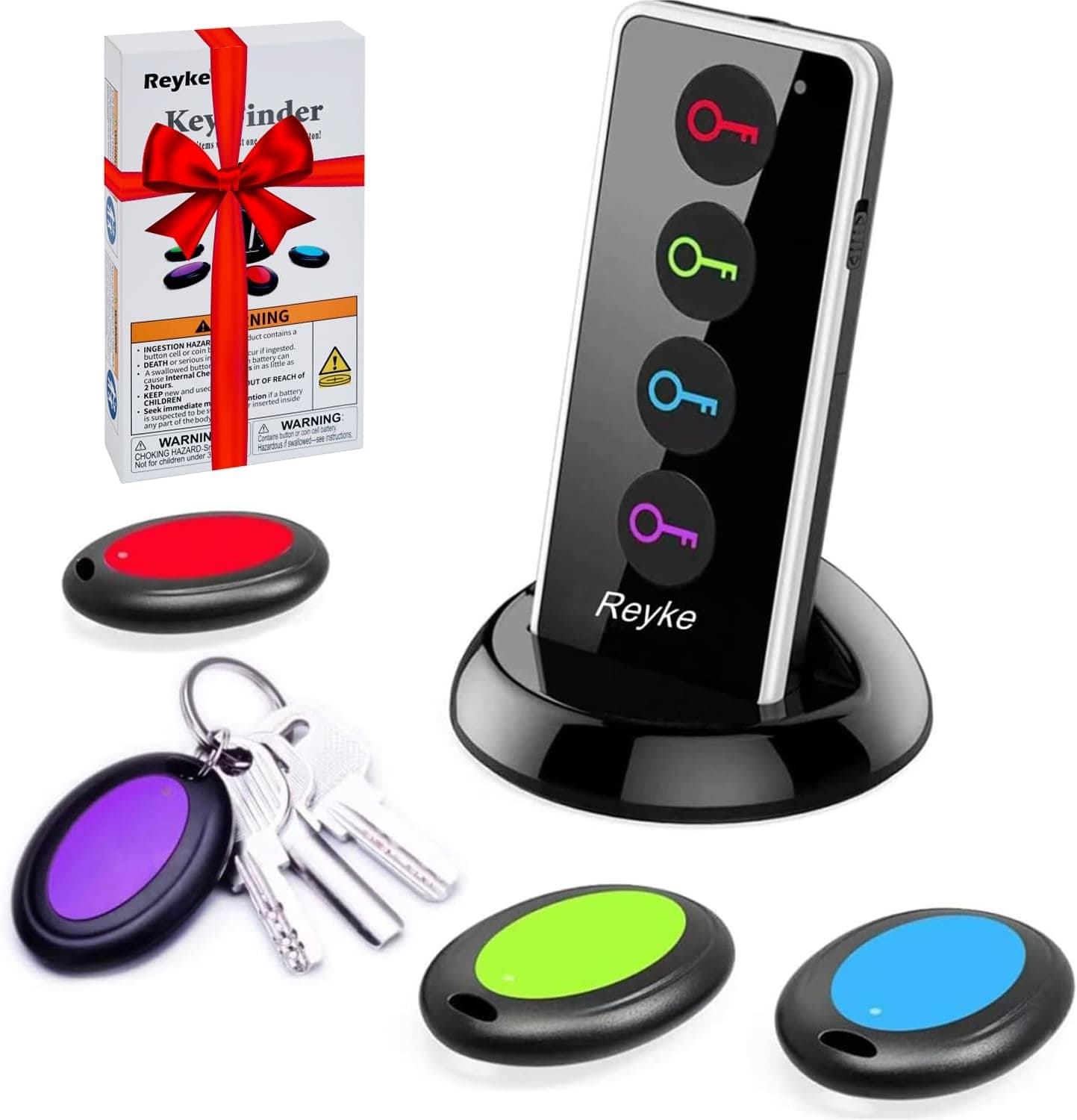 Reyke key finder set with transmitter and four color-coded receivers