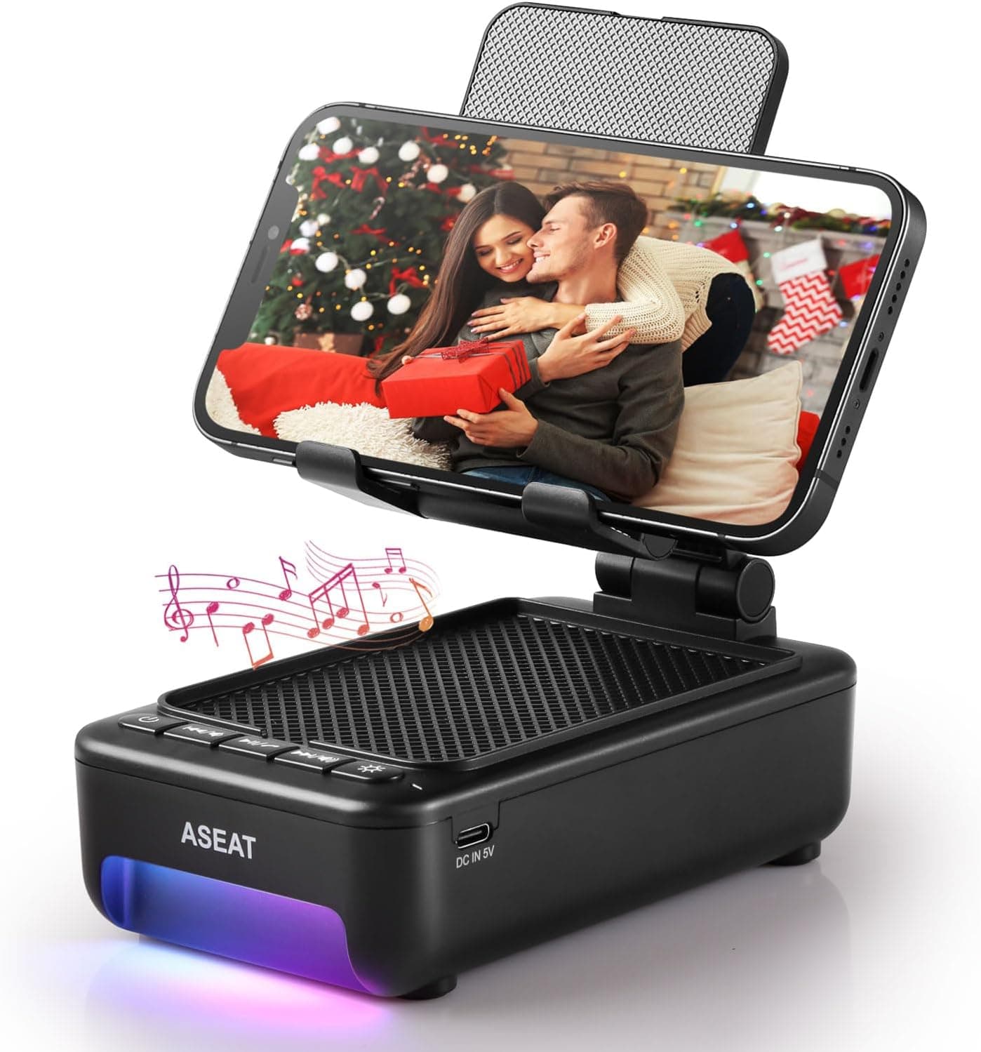 Cell phone stand with integrated Bluetooth speaker and LED color changing lights