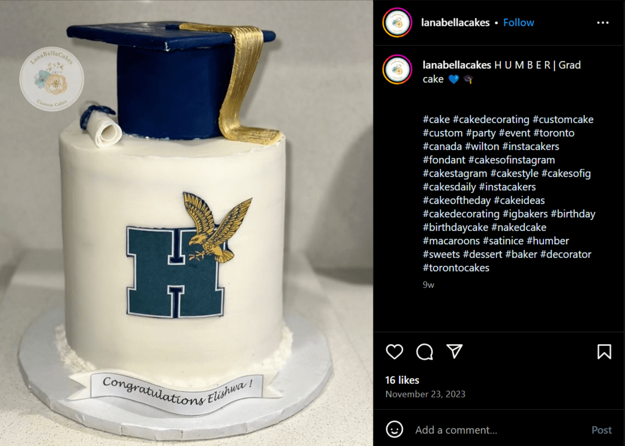 Instagram post of graduation cake idea with alma mater