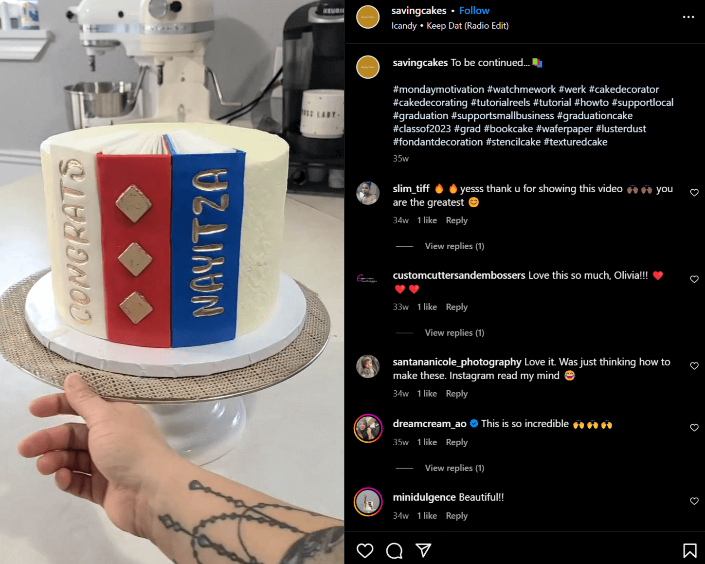 Instagram post of a graduation cake idea featuring the spines of books