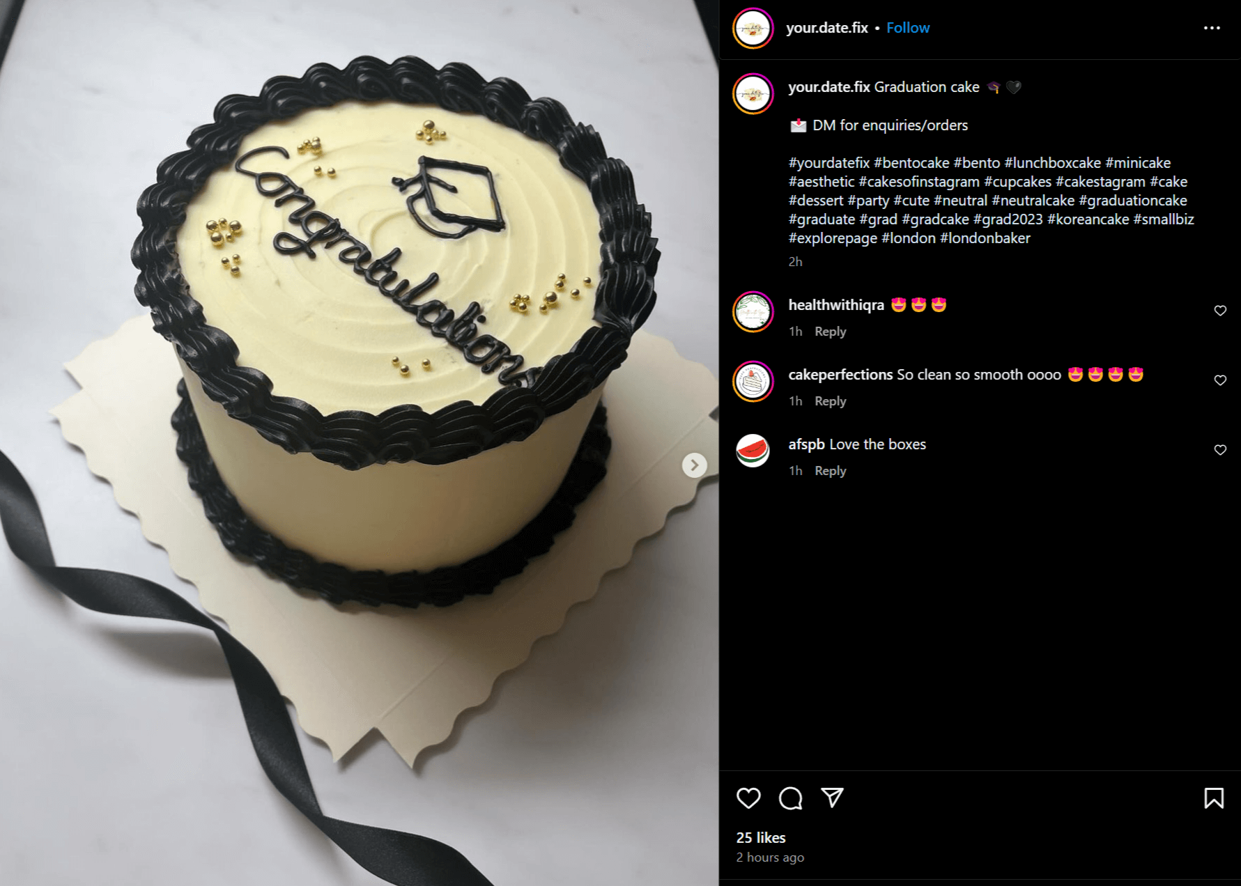 Instagram post of a classic, simple graduation cake