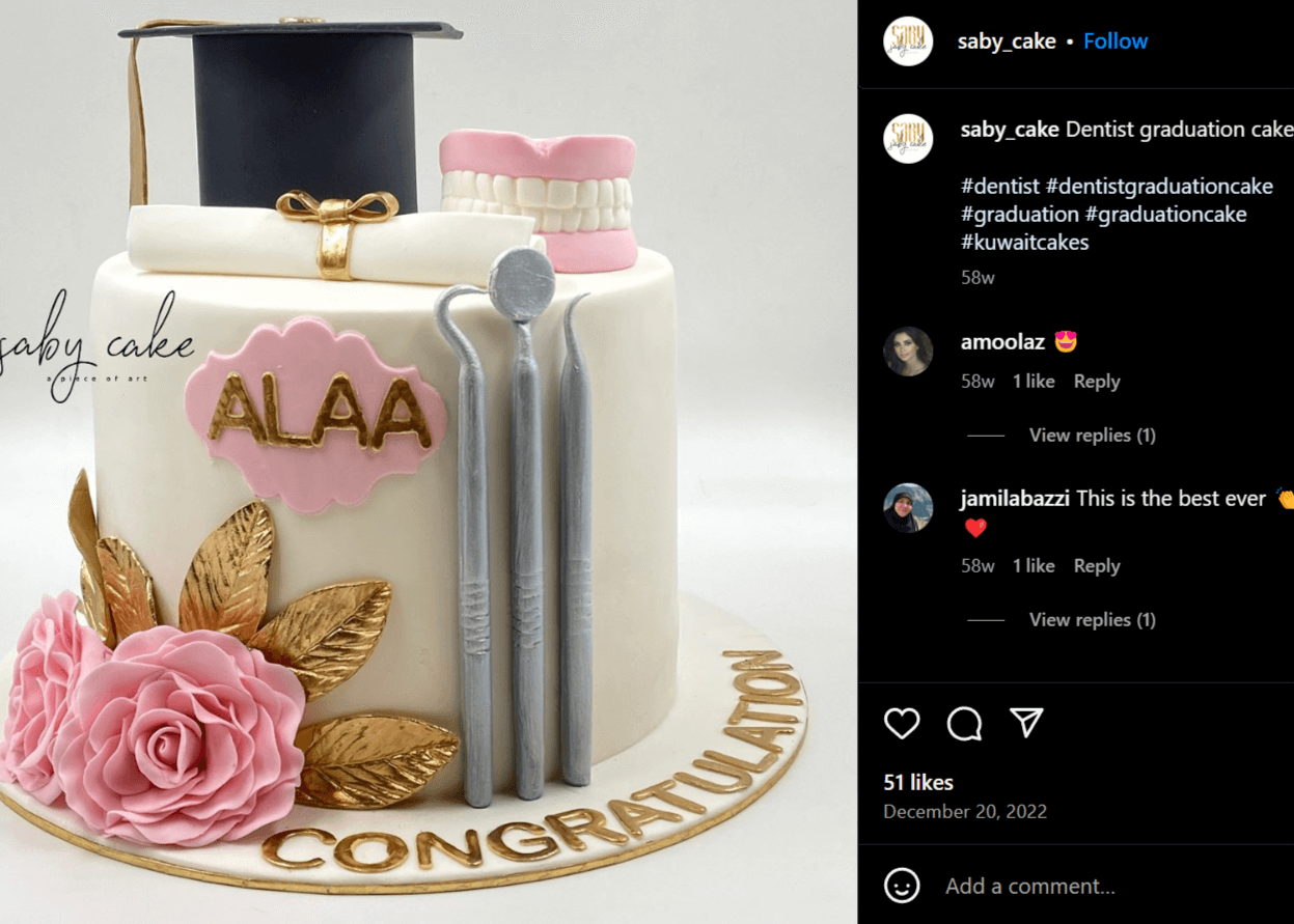 Instagram post of dental school graduation cake idea