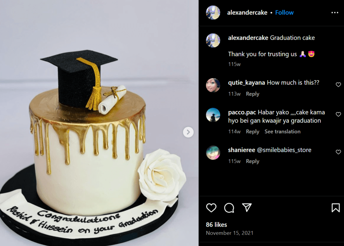 Instagram post with graduation cake, white with gold dripping detail and cap