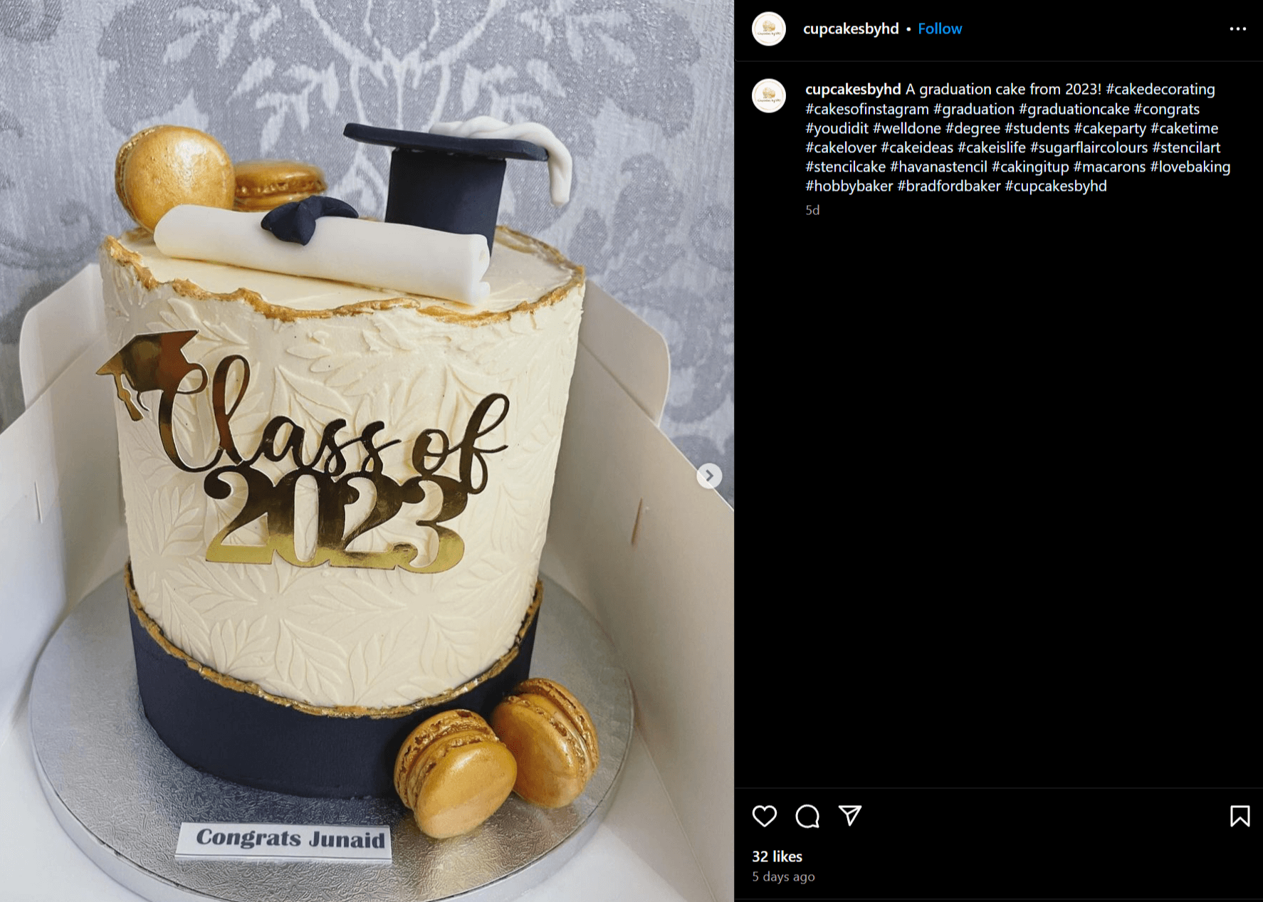 Instagram post of graduation cake with macarons