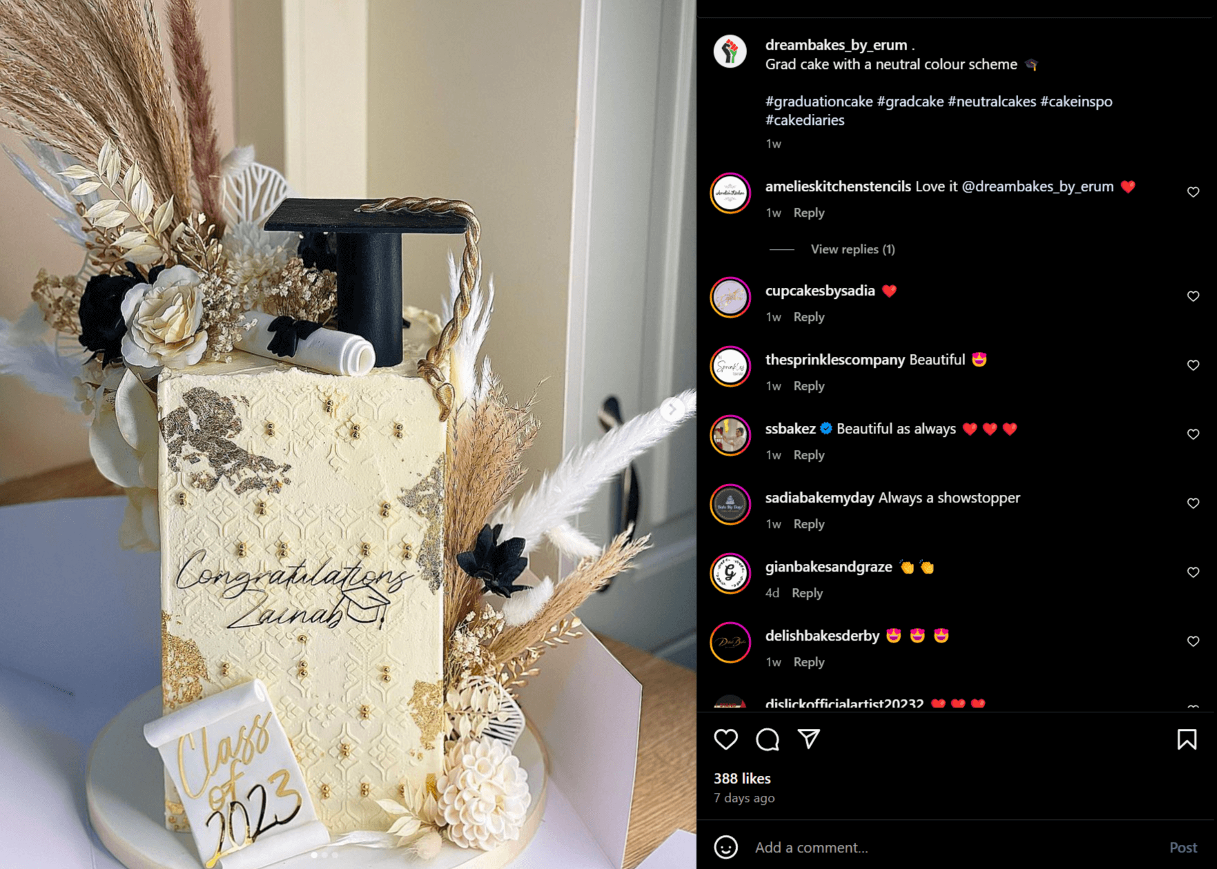 Instagram post of graduation cake with neutral color scheme