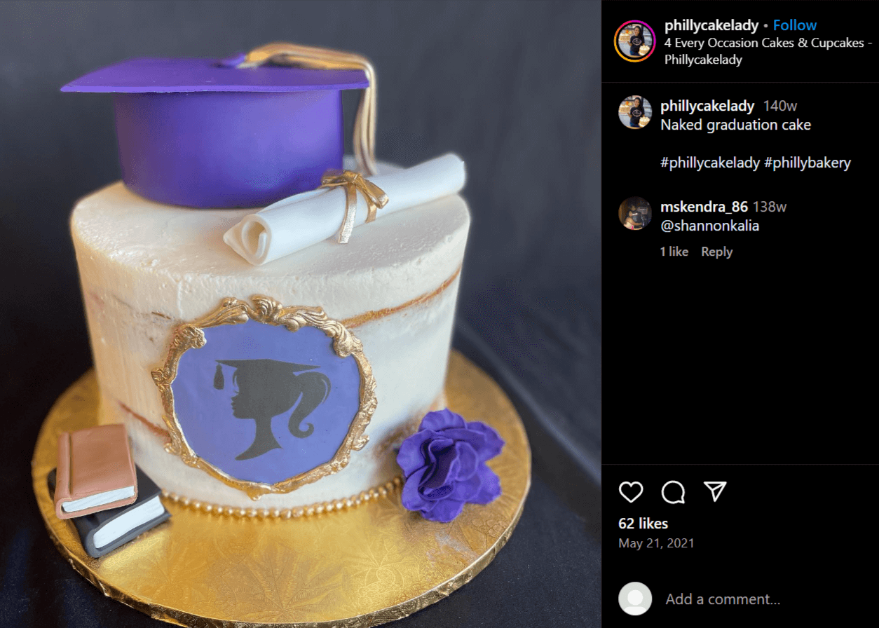 Instagram post of graduation cake idea with purple framed silhouette