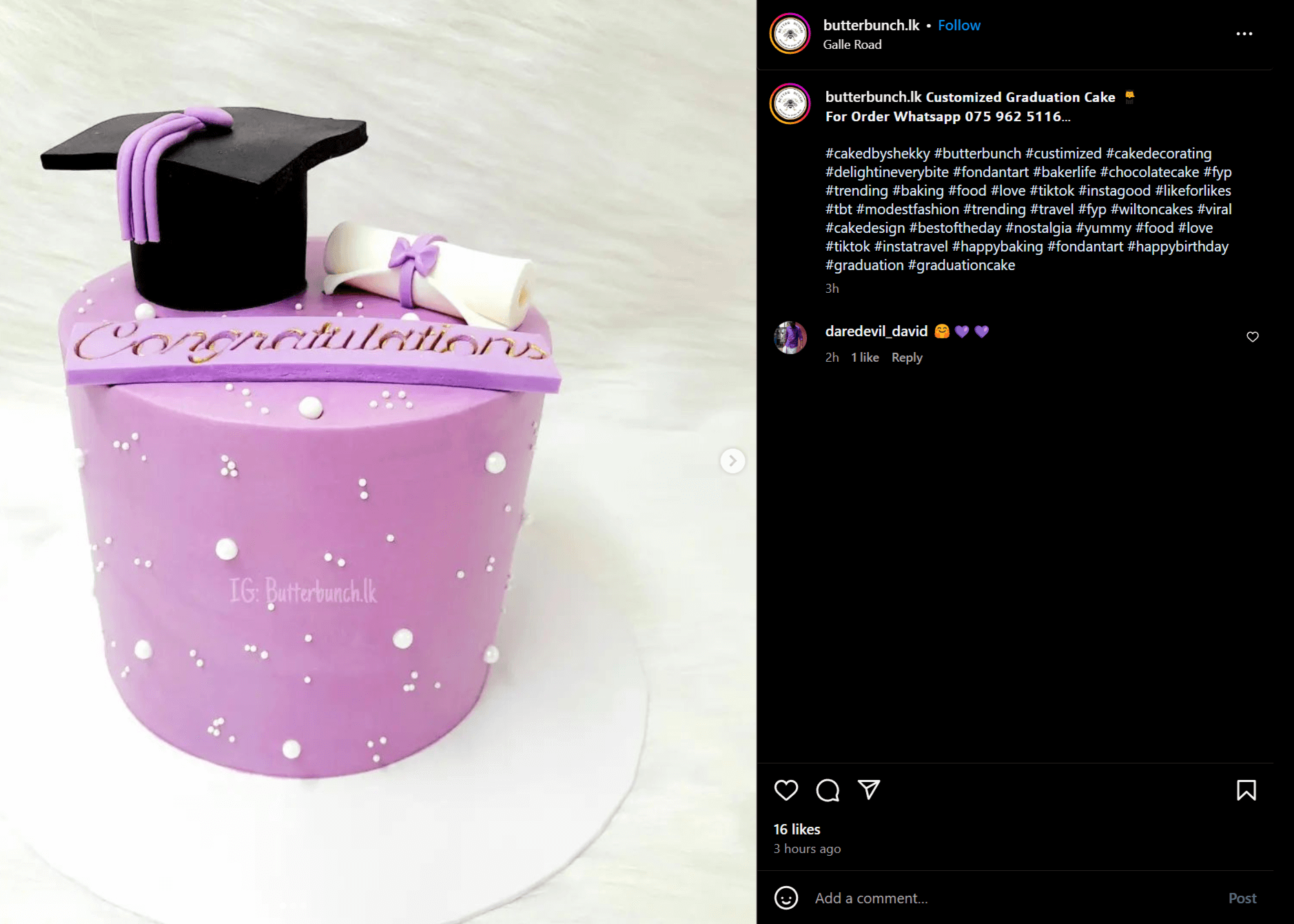 Instagram post of purple graduation cake