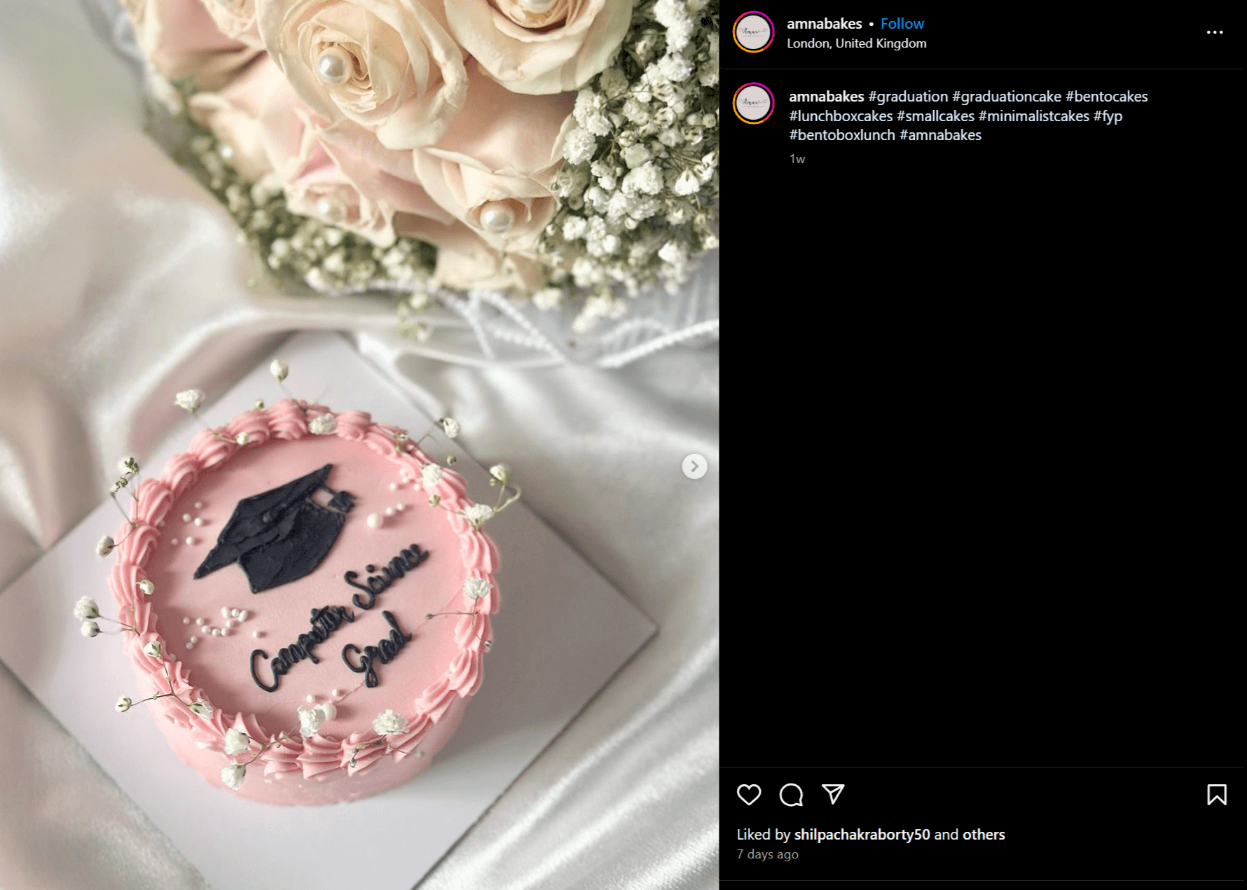 Instagram post of pink graduation cake