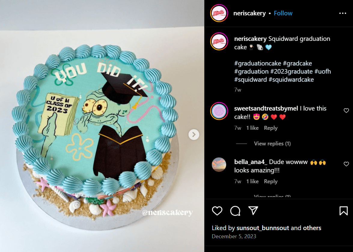 Instagram post of squidward graduation cake idea