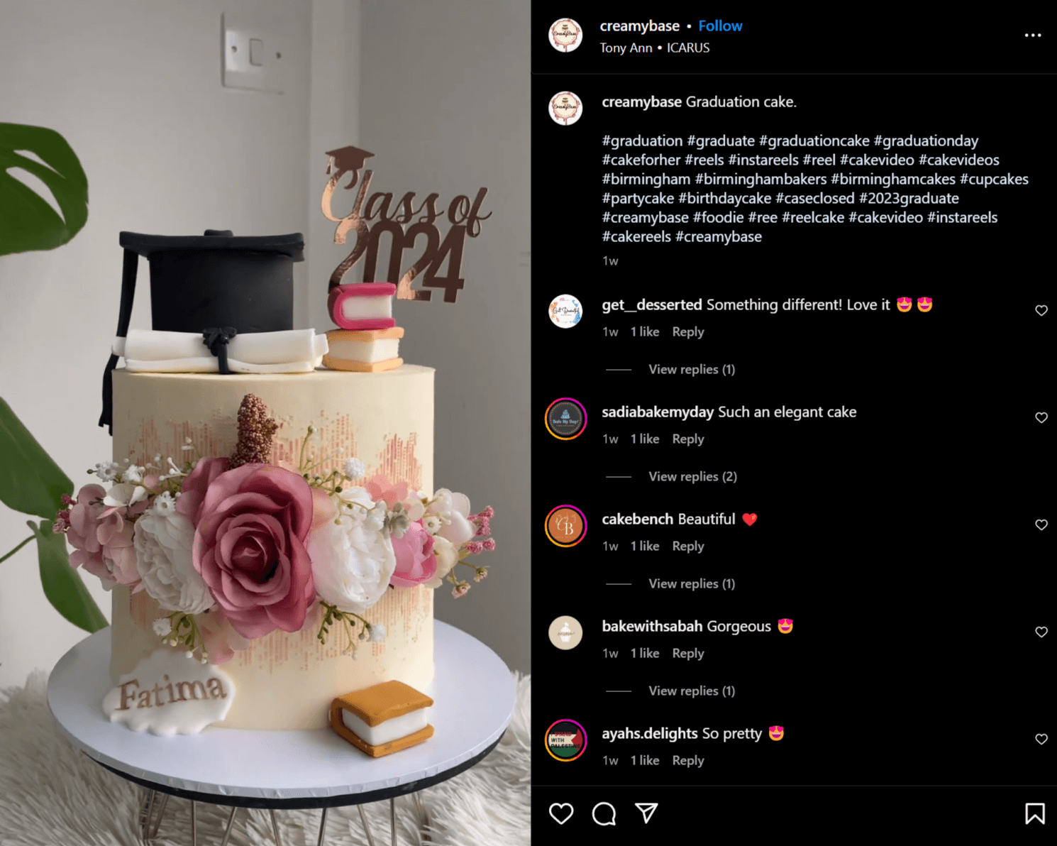 Instagram post of graduation cake with pink roses