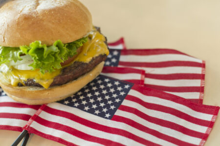 Patriotic American flag cheeseburger for American patriotism celebration food image