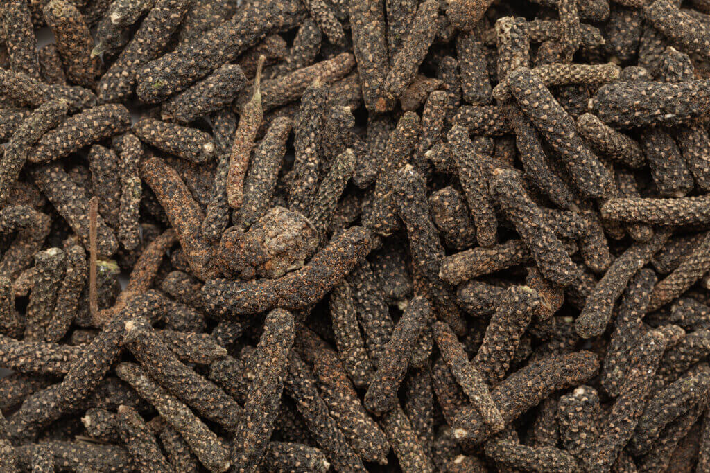 Close-up of Dry Organic Long pepper (Piper longum) fruit, Full-Frame wallpaper. Top View