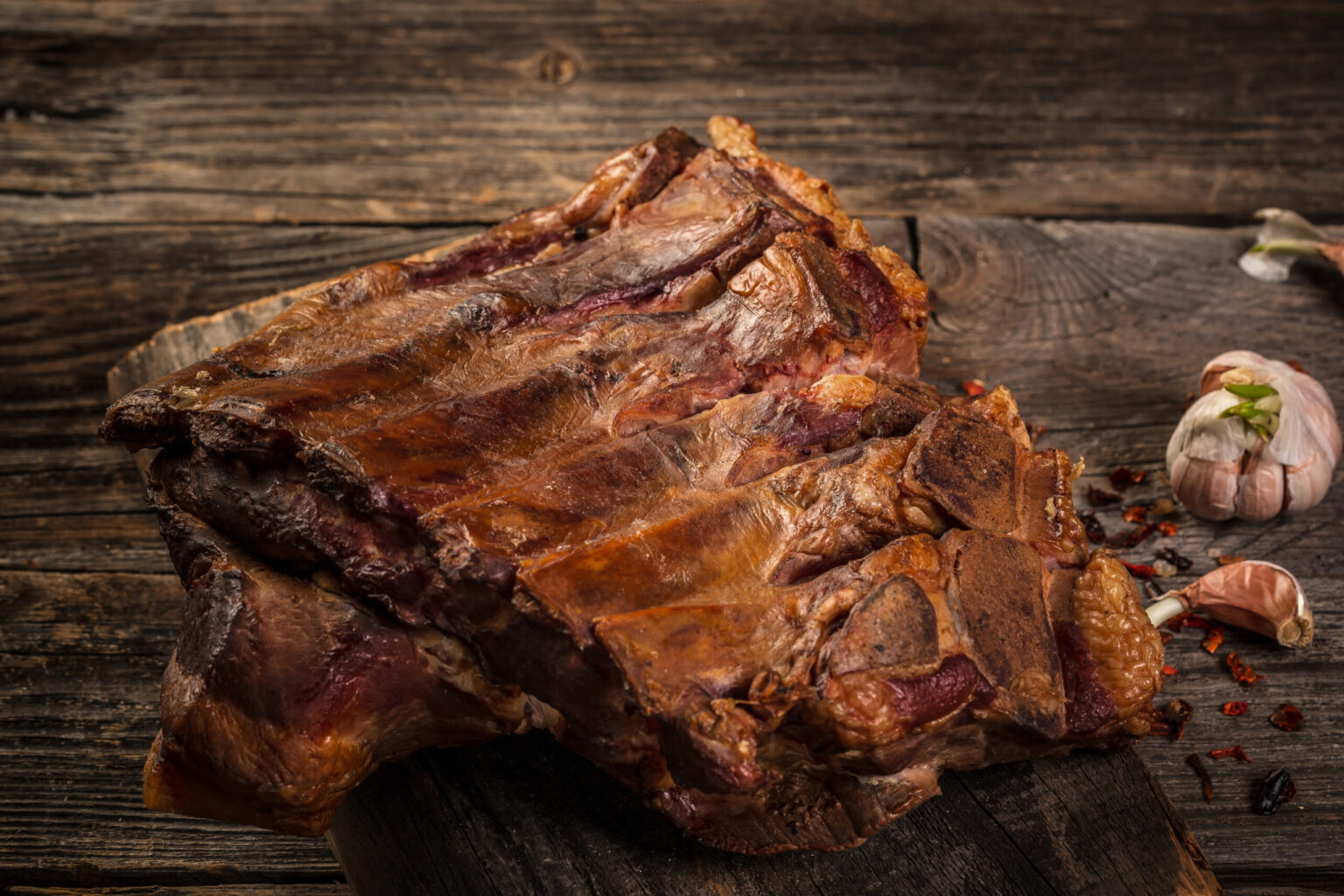 Close up homemade smoked barbecue pork ribs ready to eat. top view