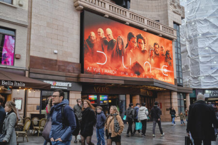 An exterior view of The Vue Cinema London West End (Leicester Square), a state-of-the-art chain cinema building in London Leicester Square.