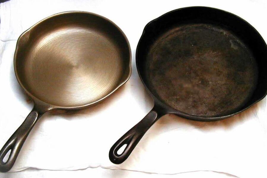 two cast irons before and after being cleaned