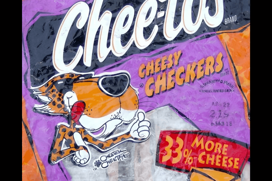 A vintage bag of Cheetos "Cheesy Checkers" featuring a purple and orange design. The packaging showcases Chester Cheetah wearing sunglasses and licking his lips, with bold text advertising "33% More Cheese" in a red banner. The bag has a crinkled texture, suggesting it is an older or empty package.