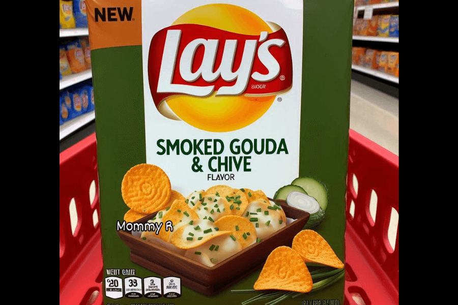 A bag of Lay's in the "Smoked Gouda & Chive" flavor with a green and white design. The packaging features a bowl of cheesy chips garnished with chives and a side of fresh cucumber and onion slices. The label highlights this flavor as new, and the bag is displayed in a red shopping cart within a grocery store aisle.