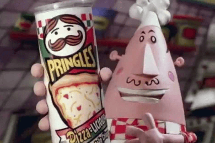 A can of Pringles in the "Pizza-licious" flavor is being held by an animated chef character wearing a white chef's hat and a red checkered apron. The can features an image of a cheesy pizza slice with red peppers and a playful Italian-inspired design. The scene is set in a cartoon-style pizzeria background.