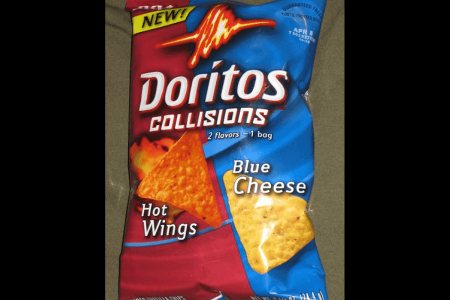 A bag of Doritos Collisions featuring two flavors in one bag: "Hot Wings" and "Blue Cheese." The packaging has a split design with fiery red and blue colors representing each flavor, and images of the triangular chips with seasoning. The label emphasizes the bold combination with the tagline "2 flavors, 1 bag" and a "New!" tag at the top.