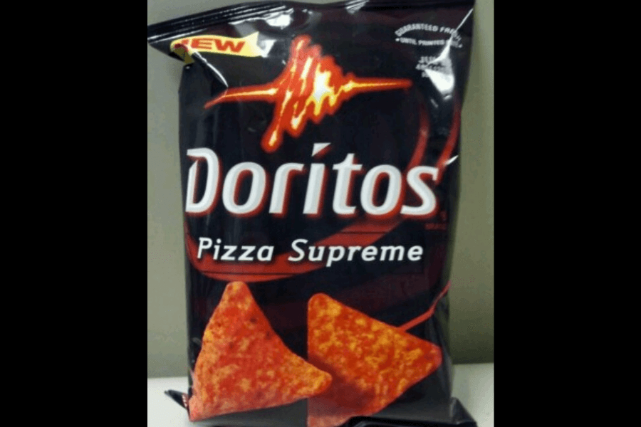 A bag of Doritos in the "Pizza Supreme" flavor, featuring a black design with red accents. The packaging displays two triangular chips with bold red seasoning, emphasizing the pizza-inspired flavor. A "New!" label is prominently placed at the top, highlighting its recent introduction.