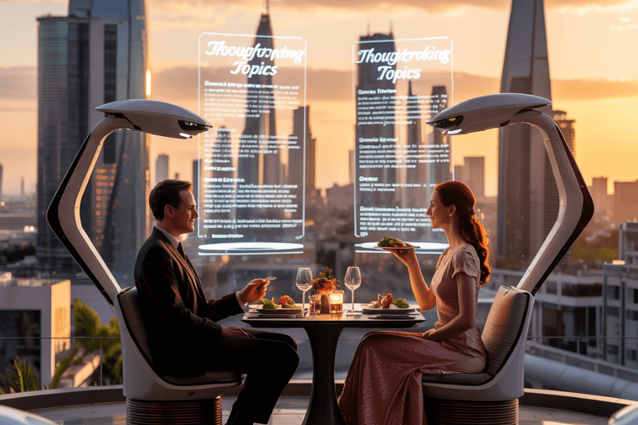A couple dressed elegantly dines at a futuristic rooftop restaurant during sunset, surrounded by a city skyline with modern skyscrapers. Two high-tech AI devices hover beside their chairs, displaying translucent screens labeled “Thoughtprovoking Topics,” offering conversation prompts. The table is set with fine dining dishes, wine glasses, and a candle, creating a romantic and innovative ambiance.