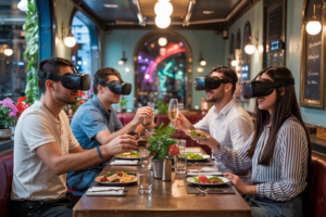 We Asked AI About the Future—What It Showed Us Was Wild A group of four friends sits around a wooden table in a cozy, modern restaurant, each wearing a virtual reality headset while eating and toasting with drinks. The table is set with plates of food and champagne glasses, blending the physical dining experience with immersive digital interaction in a social VR setting.