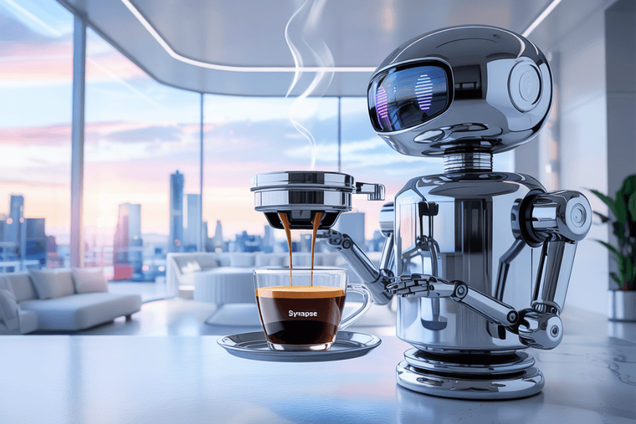 A sleek, chrome-finished robot with a friendly digital face prepares a cup of espresso labeled "Synapse" in a luxurious, modern apartment with panoramic city views at sunrise. The robot holds the cup while steaming coffee pours from an advanced, built-in brewing device, blending futuristic automation with cozy morning rituals.