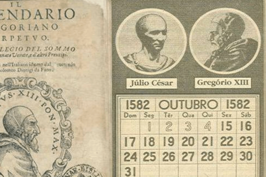 Vintage printed page showing a historical October 1582 calendar from the introduction of the Gregorian calendar, featuring bust portraits of Julius Caesar and Pope Gregory XIII, and a peculiar date sequence where October 5th to 14th is missing due to the calendar reform.