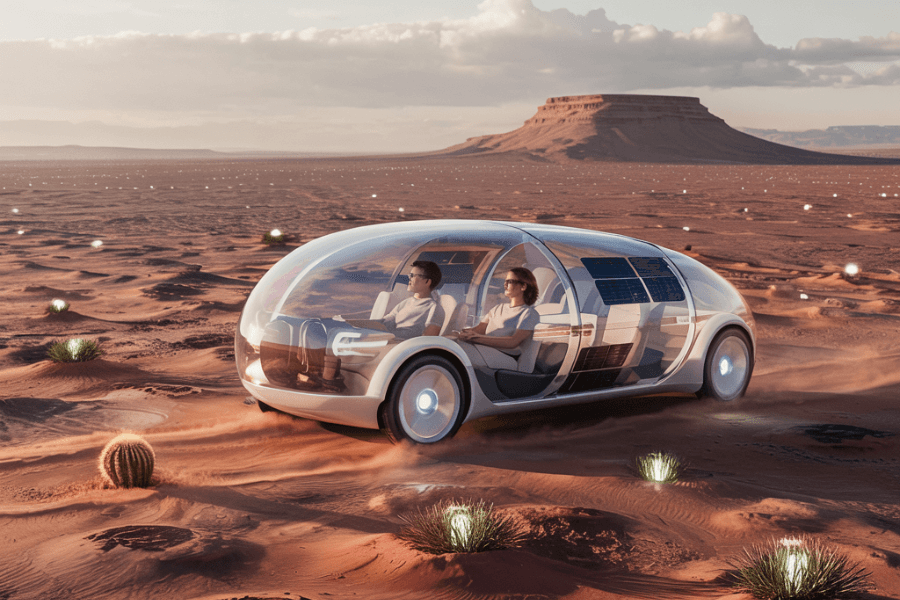 A sleek, futuristic solar-powered vehicle with a transparent dome glides across a red desert landscape dotted with cacti and glowing plants. Two passengers sit comfortably inside the spacious, high-tech interior as the sun sets behind a distant mesa, blending advanced transportation with off-world exploration aesthetics.