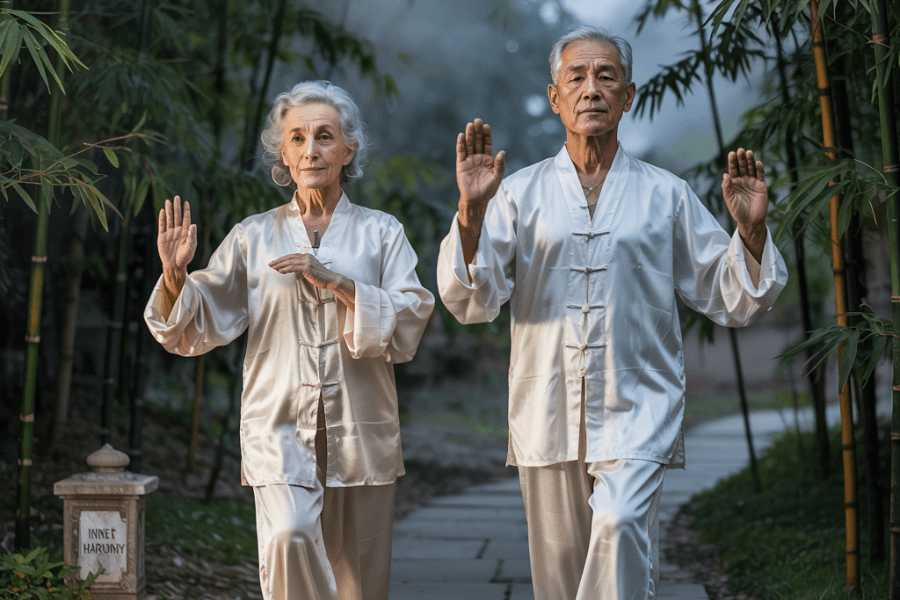 An elderly couple dressed in silky white Tai Chi uniforms practices synchronized movements on a serene garden path surrounded by bamboo. A small stone marker reading “Inner Harmony” adds to the peaceful atmosphere, emphasizing mindfulness, balance, and longevity.