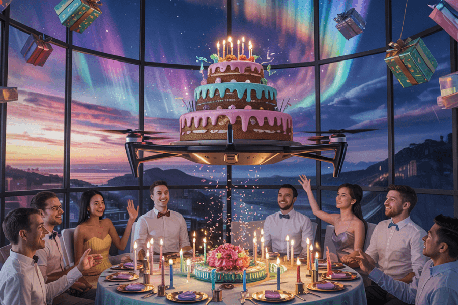 A futuristic birthday celebration with elegantly dressed guests seated around a circular table, cheering as a large three-tier cake topped with candles is delivered by a flying drone. The background features a panoramic view of aurora-lit skies and floating gift boxes, creating a whimsical and high-tech party atmosphere.