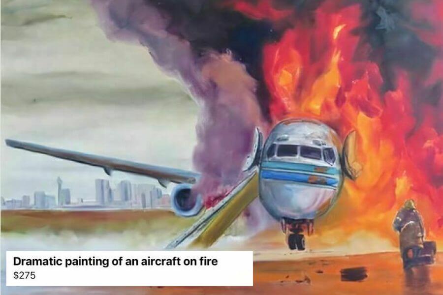 homemade paiting of a plane that bursted into flames