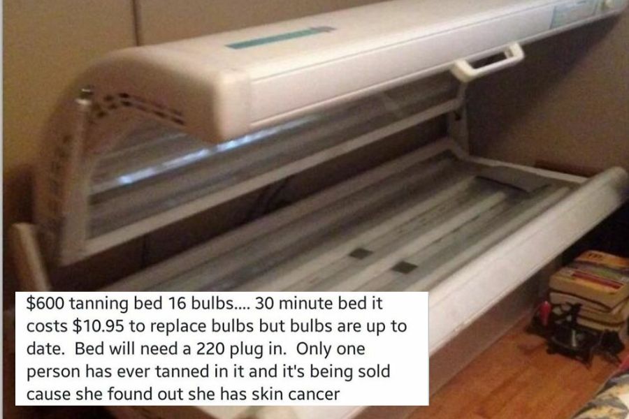 A Facebook marketplace listing shows a white tanning bed placed in a room with wood flooring, priced at $600. The description mentions it has 16 bulbs, costs $10.95 to replace them, and is being sold because the only person who used it discovered she has skin cancer.