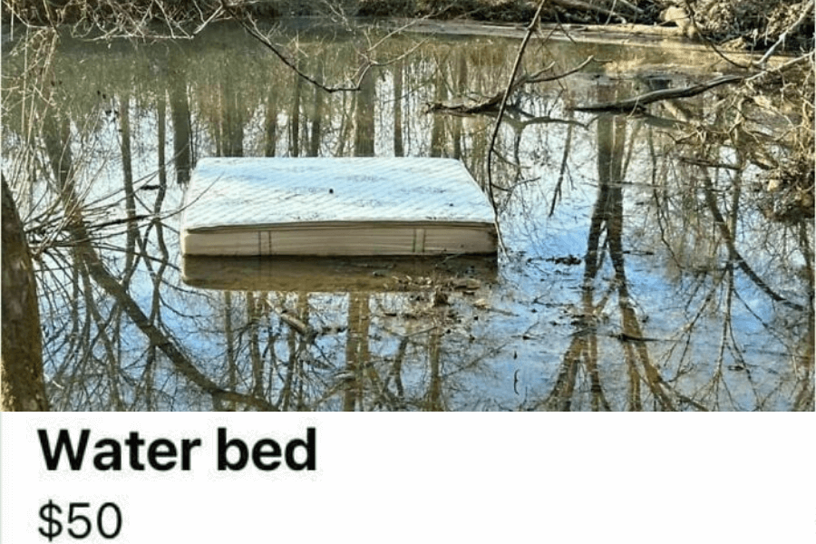 old dirty mattreess floating on  a pond 