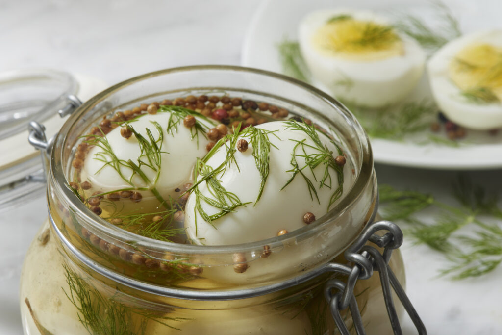 Classic Pickled Eggs with Fresh Dill, Garlic, Bay Leaves and Pickling Spice