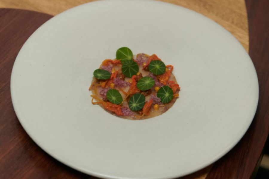 A white big plate cotaining what it looks like ceviche with grean leaves on top